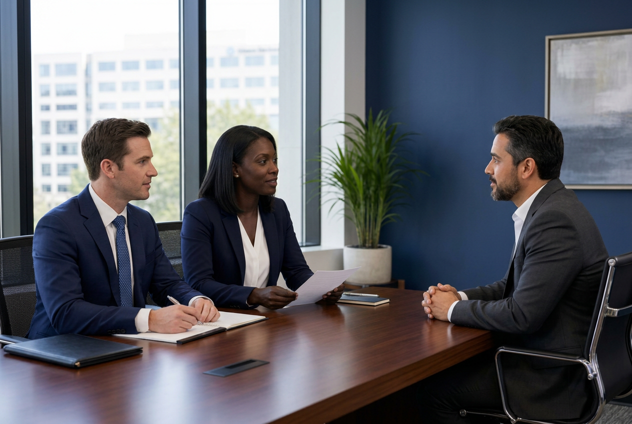 Recruiter interviewing a candidate in a modern conference room